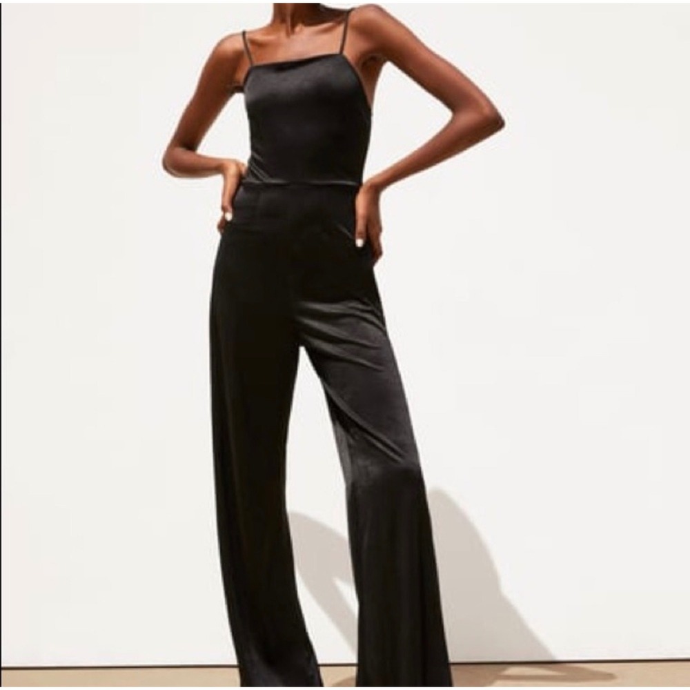 Zara Womens Black Satin Wide Leg Jumpsuit Square Neck Spaghetti Strap Small